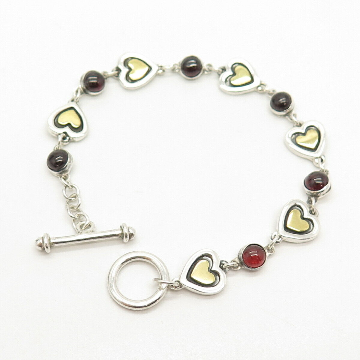 925 Sterling Silver 2-Tone Vintage Real Red Garnet Gem Heart Link Bracelet 7"