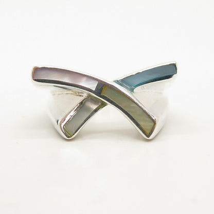 925 Sterling Silver Vintage Real Mother-Of-Pearl "X" Design Ring Size 6 1/4