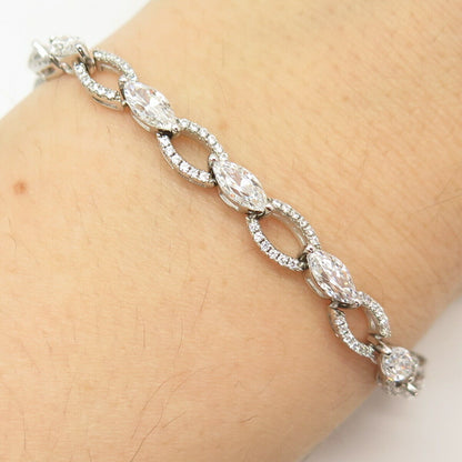 925 Sterling Silver Pave C Z Oval Link Bracelet 6.5"