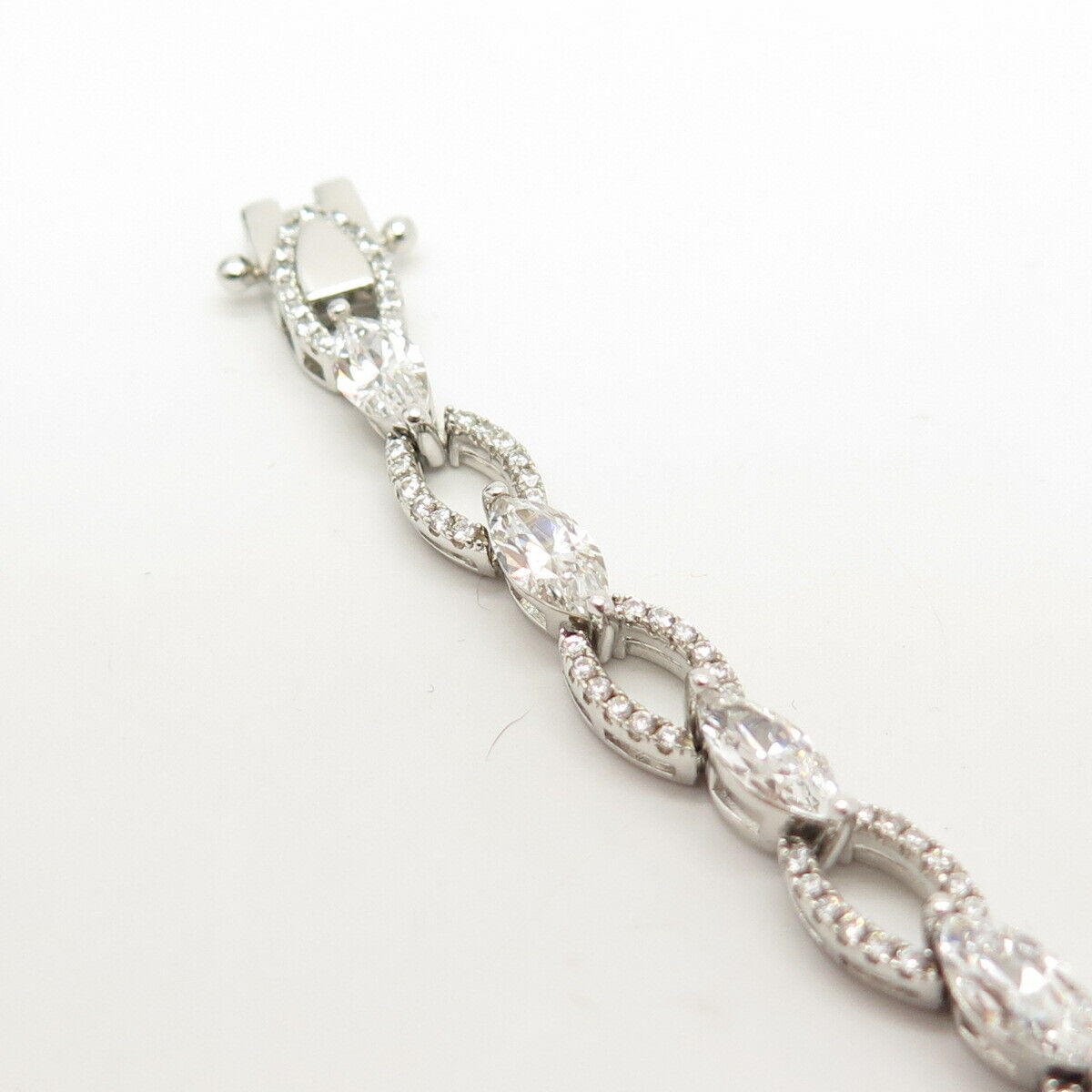 925 Sterling Silver Pave C Z Oval Link Bracelet 6.5"