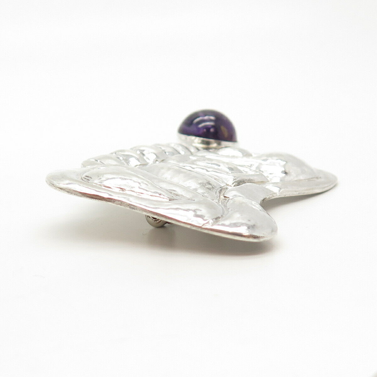 925 Sterling Silver Vintage Real Amethyst Gem Modernist Pin Brooch