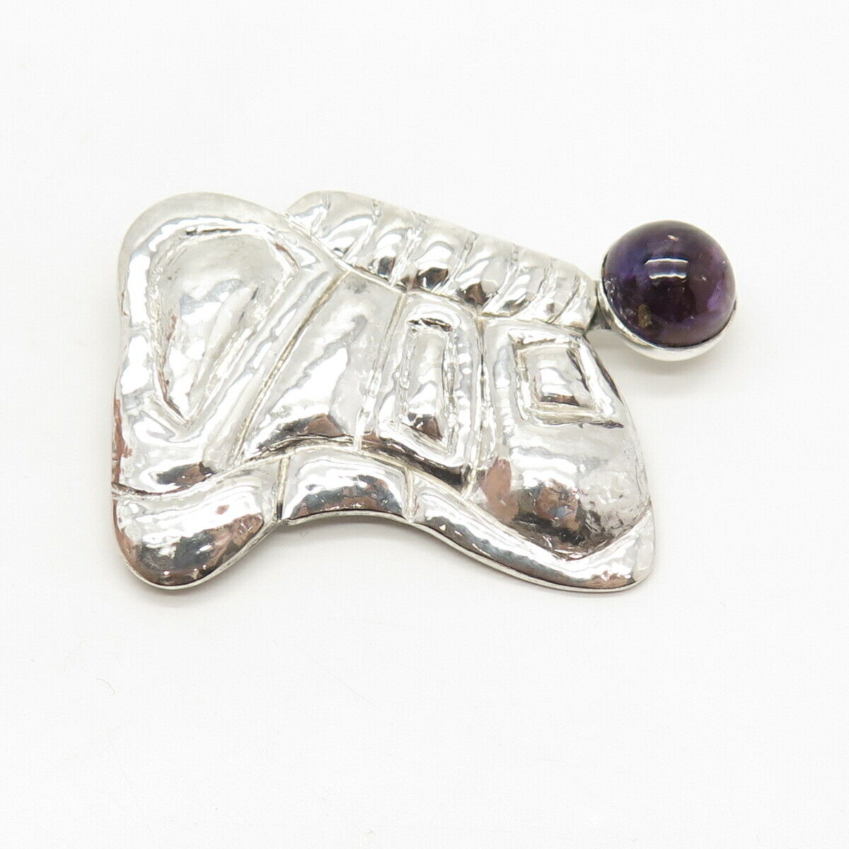 925 Sterling Silver Vintage Real Amethyst Gem Modernist Pin Brooch