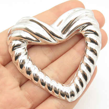 925 Sterling Silver Vintage Mexico Ribbed Open Heart Pin Brooch / Pendant