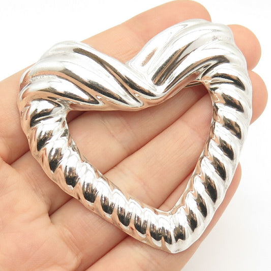 925 Sterling Silver Vintage Mexico Ribbed Open Heart Pin Brooch / Pendant