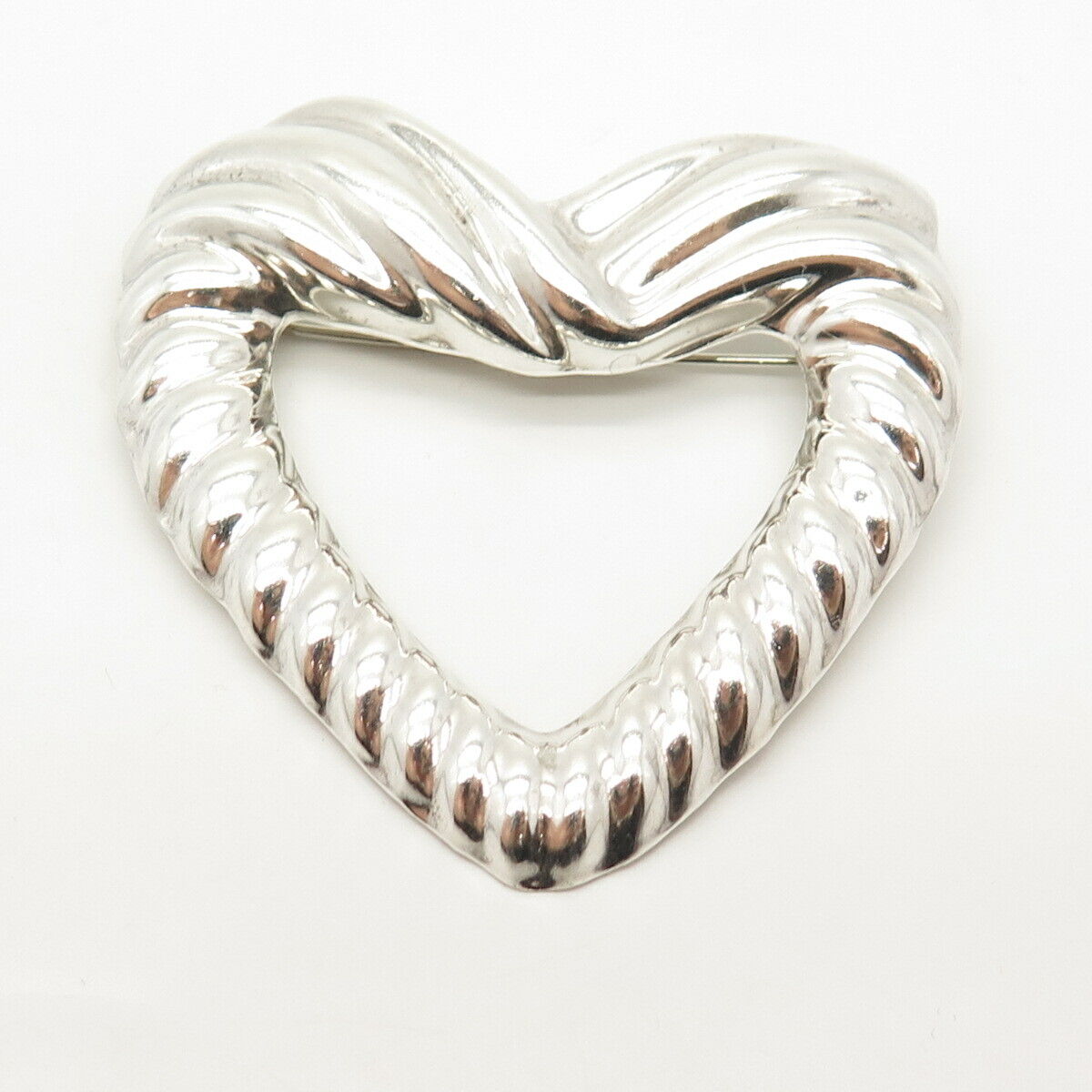 925 Sterling Silver Vintage Mexico Ribbed Open Heart Pin Brooch / Pendant