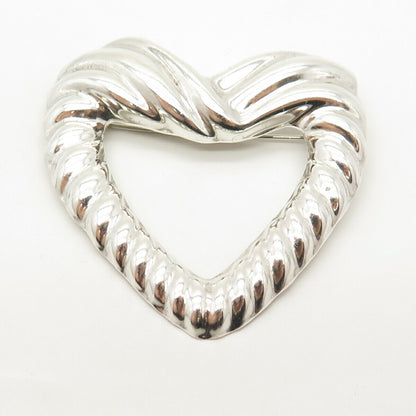 925 Sterling Silver Vintage Mexico Ribbed Open Heart Pin Brooch / Pendant