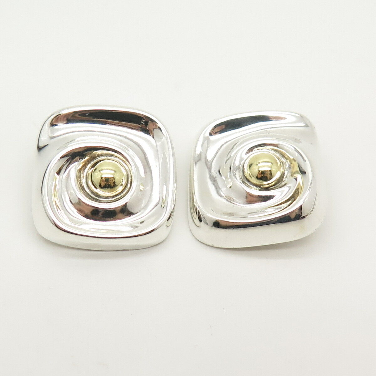 925 Sterling Silver 2-Tone Vintage Mexico Swirl Hollow Clip On Earrings