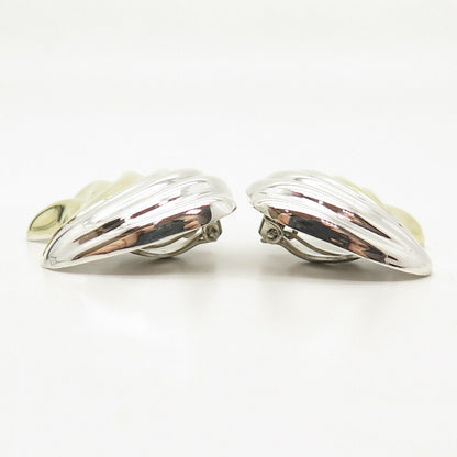 925 Sterling Silver 2-Tone Vintage Mexico Shell Design Hollow Clip On Earrings