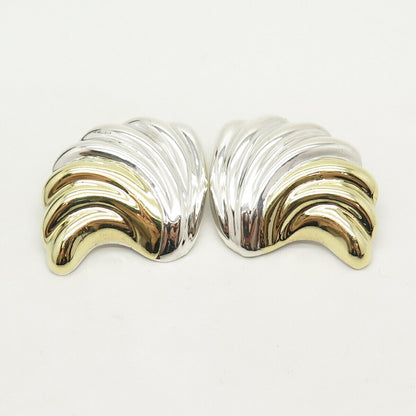 925 Sterling Silver 2-Tone Vintage Mexico Shell Design Hollow Clip On Earrings