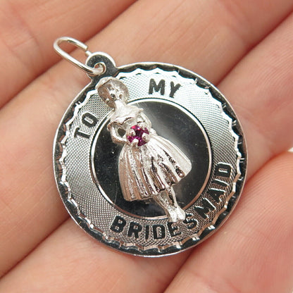 925 Sterling Silver Vintage Pink C Z "To My Bridesmaid" Pendant