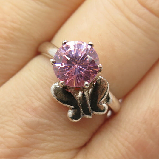 925 Sterling Silver Vintage Pink C Z Butterfly Ring Size 7 3/4