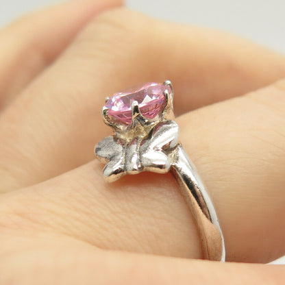 925 Sterling Silver Vintage Pink C Z Butterfly Ring Size 7 3/4