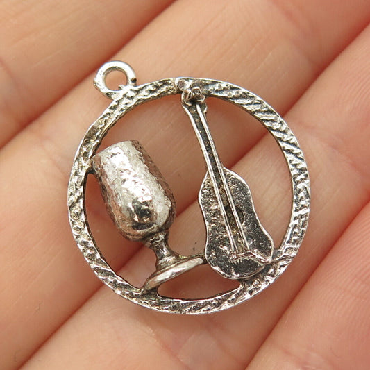 925 Sterling Silver Vintage Violin & Glass Circle Charm Pendant