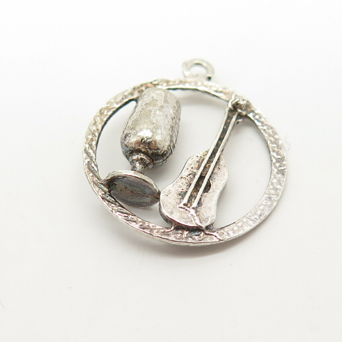 925 Sterling Silver Vintage Violin & Glass Circle Charm Pendant