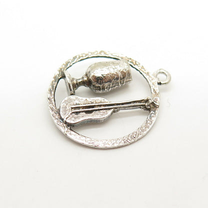 925 Sterling Silver Vintage Violin & Glass Circle Charm Pendant