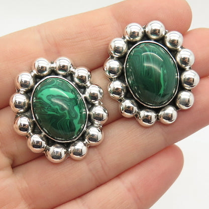 925 Sterling Silver Vintage Mexico Real Malachite Gem Beaded Earrings