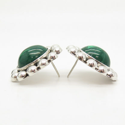 925 Sterling Silver Vintage Mexico Real Malachite Gem Beaded Earrings