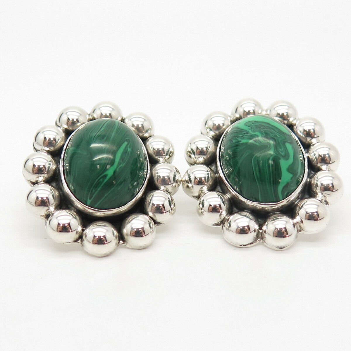 925 Sterling Silver Vintage Mexico Real Malachite Gem Beaded Earrings