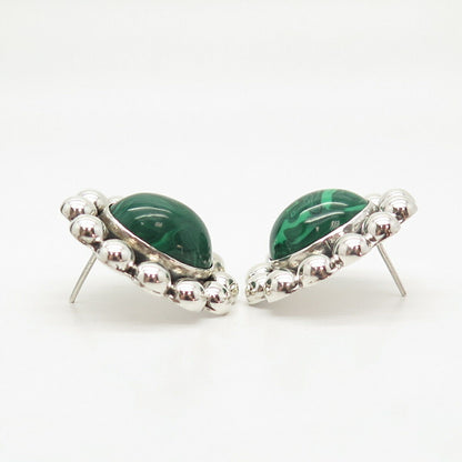 925 Sterling Silver Vintage Mexico Real Malachite Gem Beaded Earrings