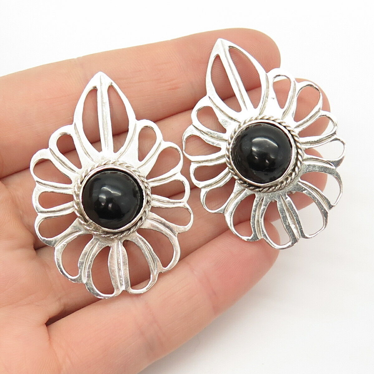 925 Sterling Silver Vintage Mexico Black Onyx Gemstone Clip On Earrings