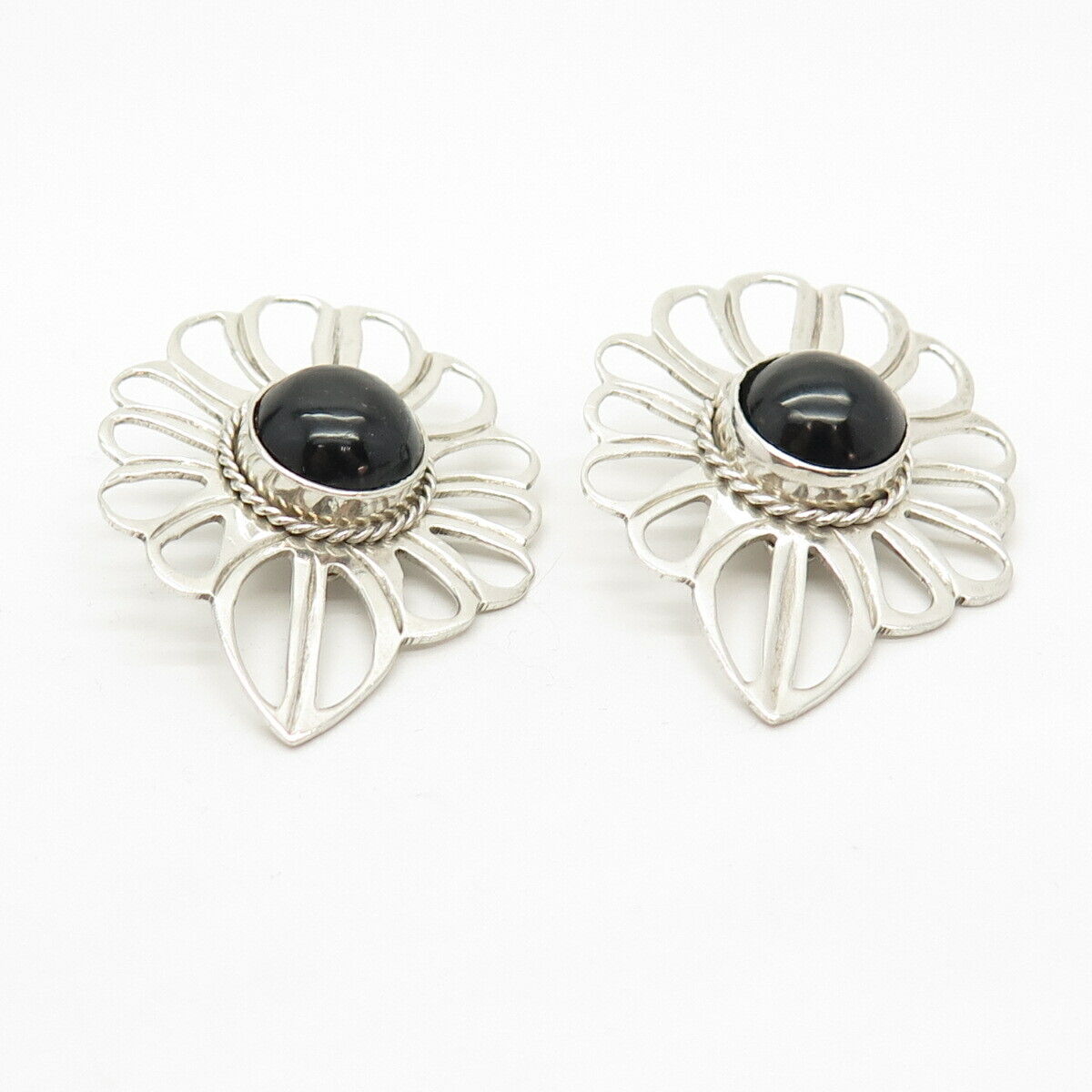 925 Sterling Silver Vintage Mexico Black Onyx Gemstone Clip On Earrings