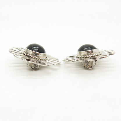 925 Sterling Silver Vintage Mexico Black Onyx Gemstone Clip On Earrings