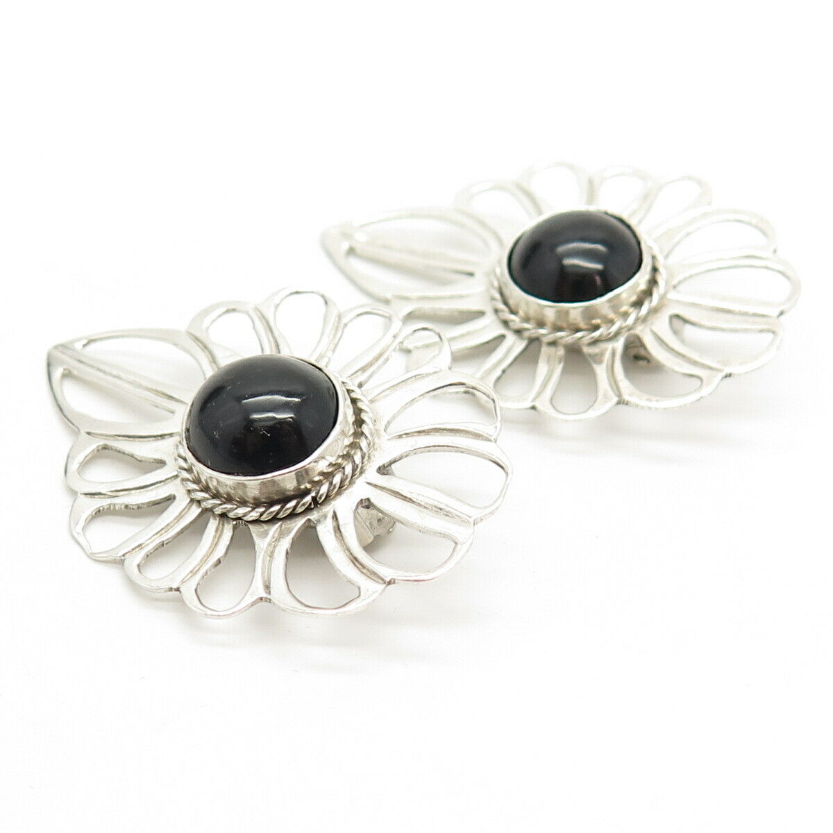 925 Sterling Silver Vintage Mexico Black Onyx Gemstone Clip On Earrings