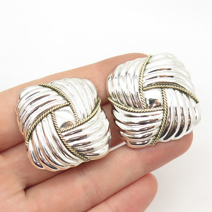 925 Sterling Silver 2-Tone Vintage Mexico Ribbed Hollow Clip On Earrings