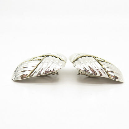 925 Sterling Silver 2-Tone Vintage Mexico Ribbed Hollow Clip On Earrings