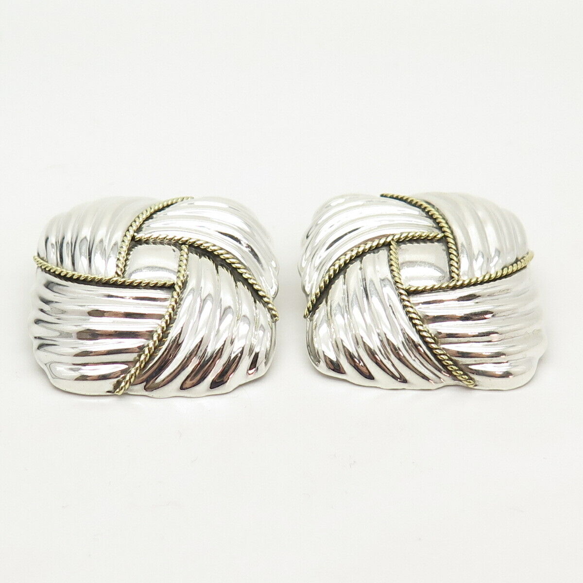 925 Sterling Silver 2-Tone Vintage Mexico Ribbed Hollow Clip On Earrings