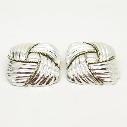 925 Sterling Silver 2-Tone Vintage Mexico Ribbed Hollow Clip On Earrings