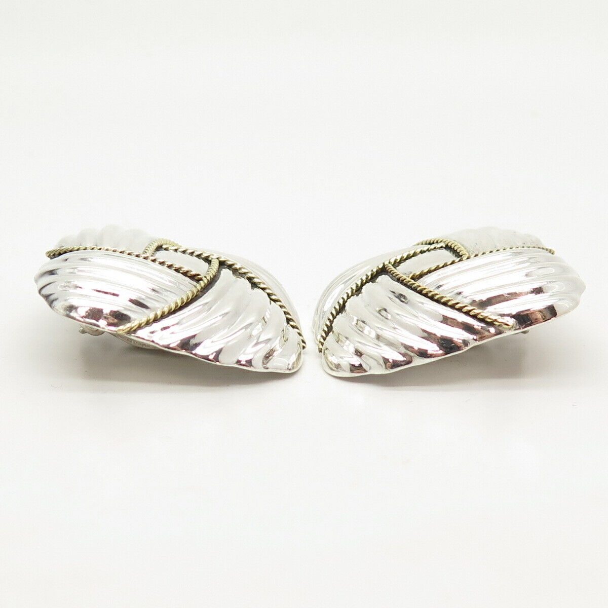 925 Sterling Silver 2-Tone Vintage Mexico Ribbed Hollow Clip On Earrings