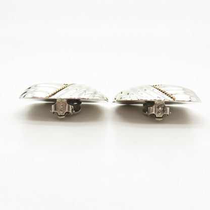 925 Sterling Silver 2-Tone Vintage Mexico Ribbed Hollow Clip On Earrings