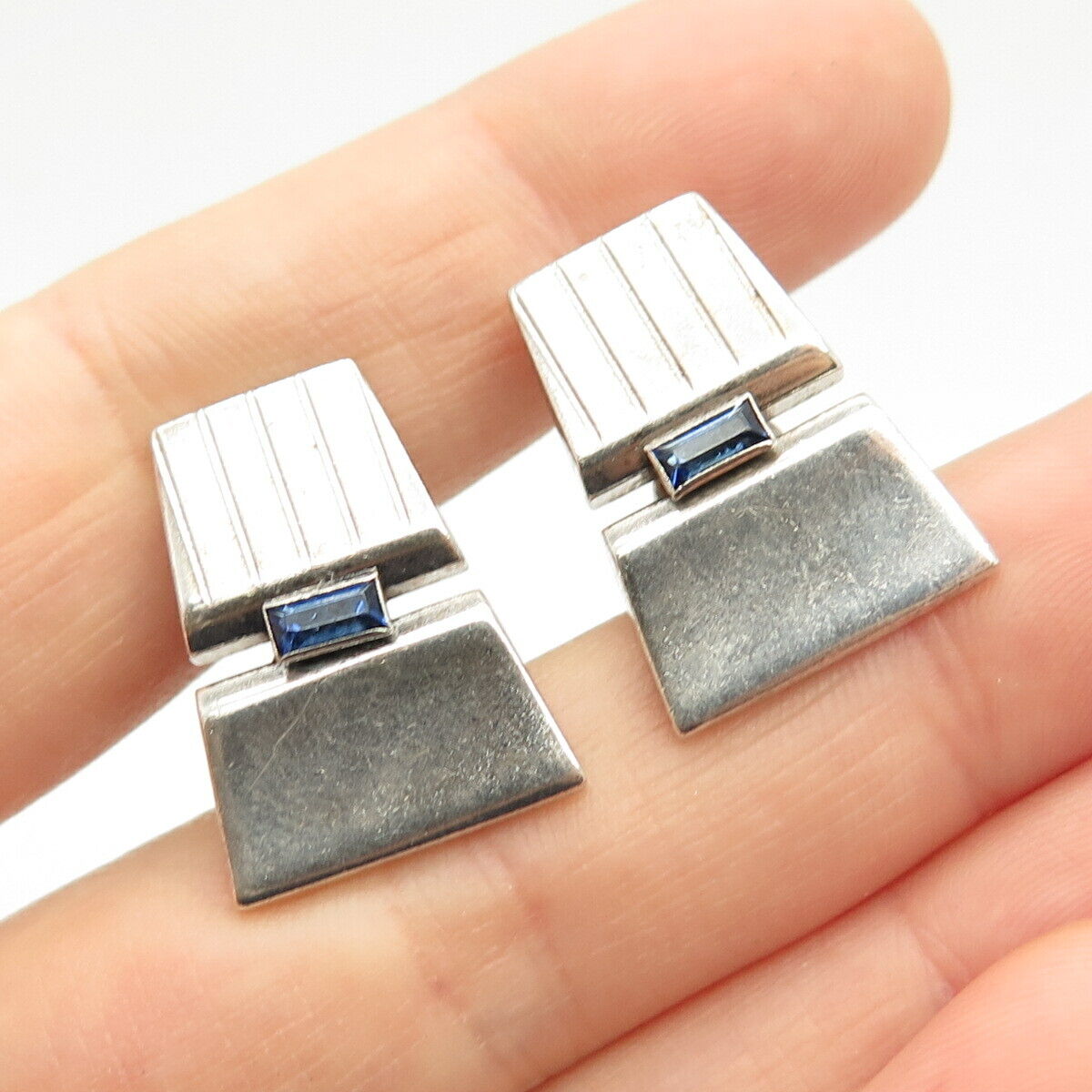 925 Sterling Silver Vintage Anson Blue Rhinestone Ribbed Cufflinks