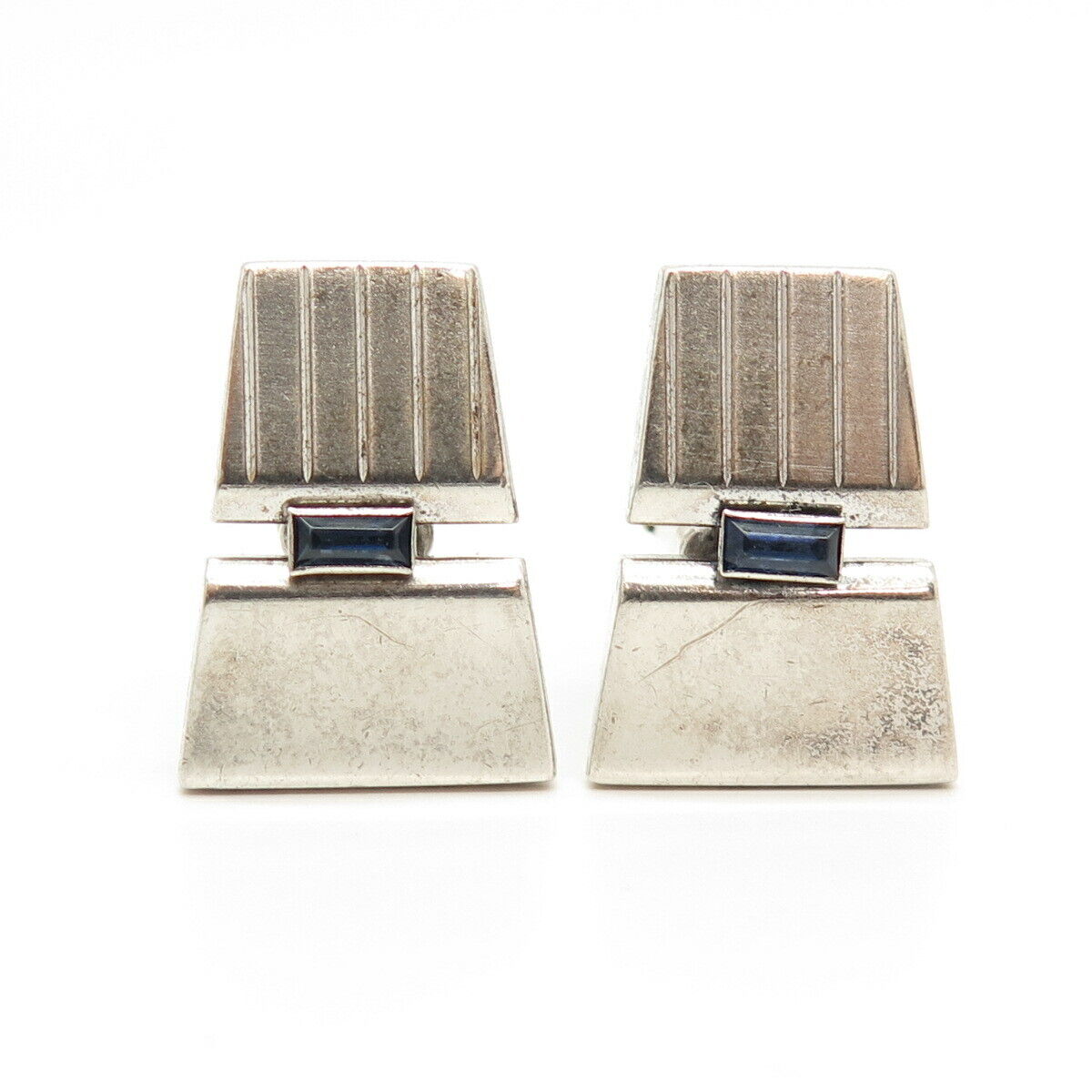 925 Sterling Silver Vintage Anson Blue Rhinestone Ribbed Cufflinks