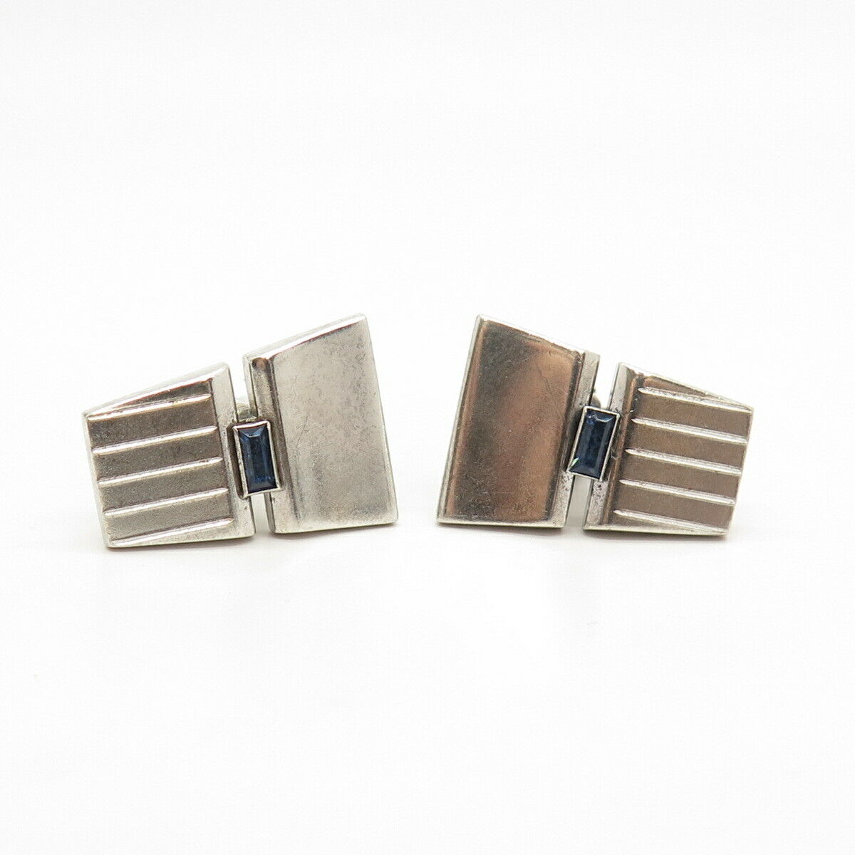 925 Sterling Silver Vintage Anson Blue Rhinestone Ribbed Cufflinks