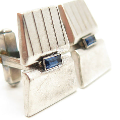 925 Sterling Silver Vintage Anson Blue Rhinestone Ribbed Cufflinks