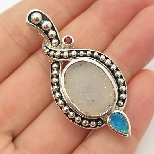 925 Sterling Silver Vintage Whitney Kelly Druzy Opal & Red Garnet Gem Pendant