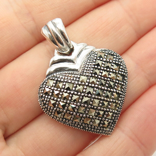 925 Sterling Silver Vintage Real Marcasite Gemstone Heart Pendant