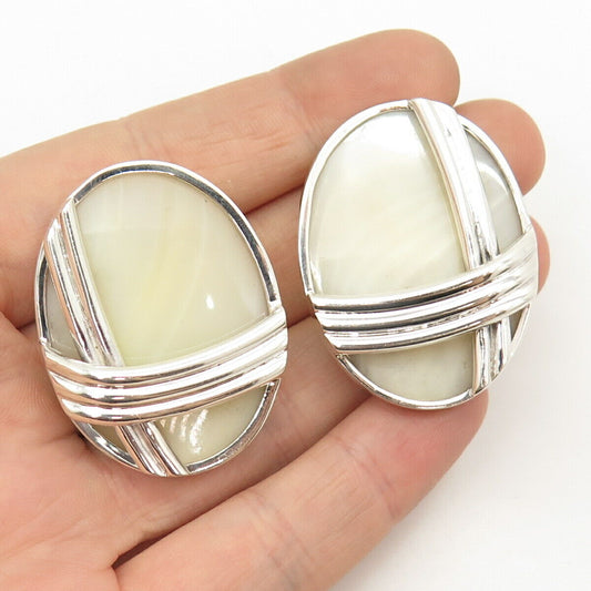 925 Sterling Silver Vintage Ture Designs Real Mother-of-Pearl Clip On Earrings