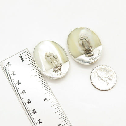 925 Sterling Silver Vintage Ture Designs Real Mother-of-Pearl Clip On Earrings