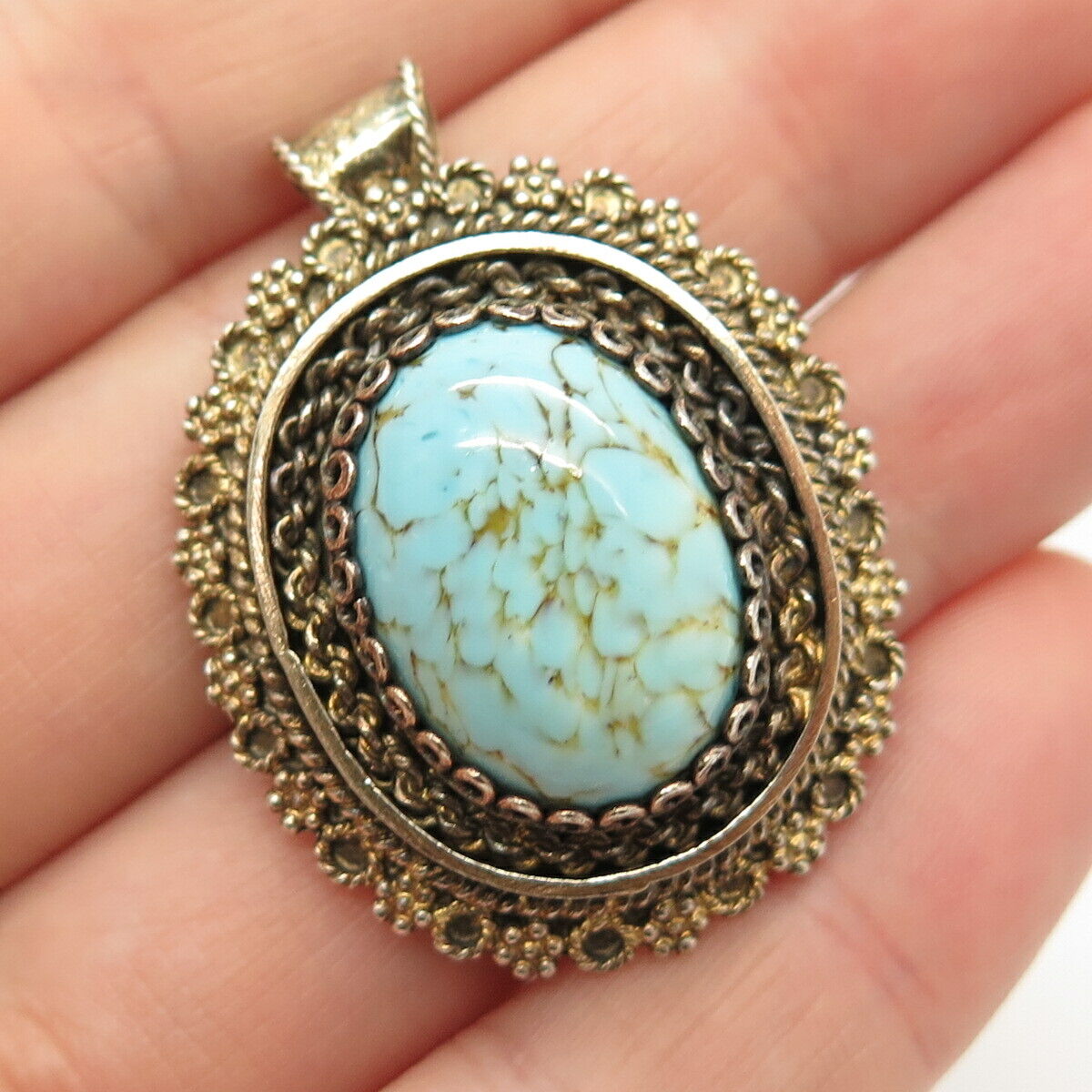 925 Sterling Silver Vintage Israel Faux Turquoise Oval Pendant / Pin Brooch