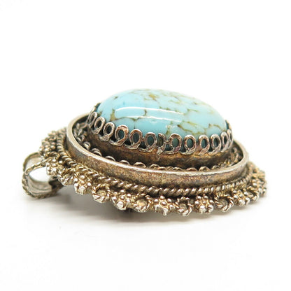 925 Sterling Silver Vintage Israel Faux Turquoise Oval Pendant / Pin Brooch