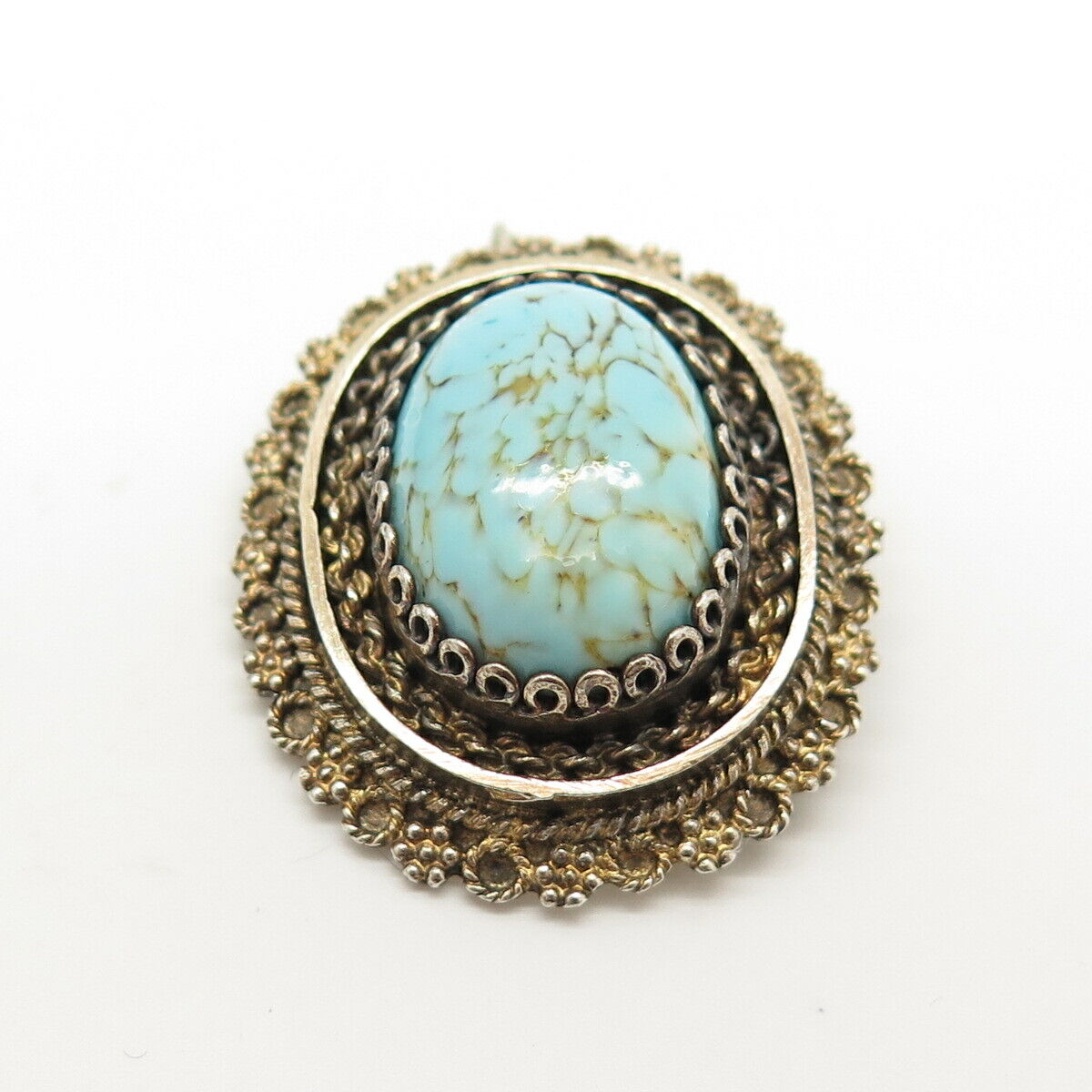 925 Sterling Silver Vintage Israel Faux Turquoise Oval Pendant / Pin Brooch