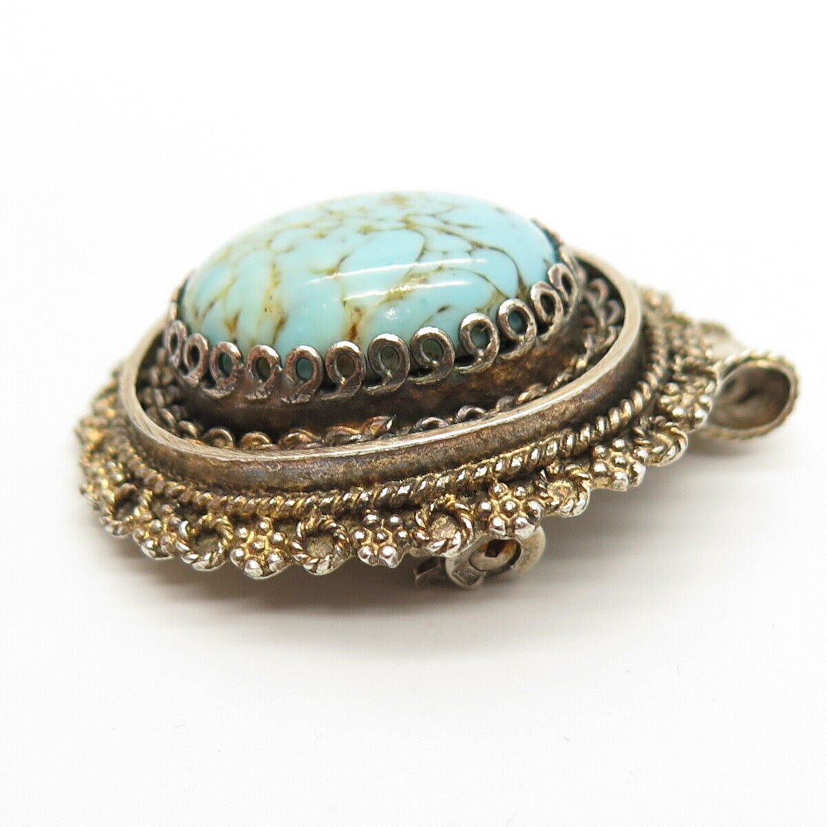 925 Sterling Silver Vintage Israel Faux Turquoise Oval Pendant / Pin Brooch