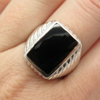 925 Sterling Silver Vintage Real Black Onyx Gem Ribbed Ring Size 9