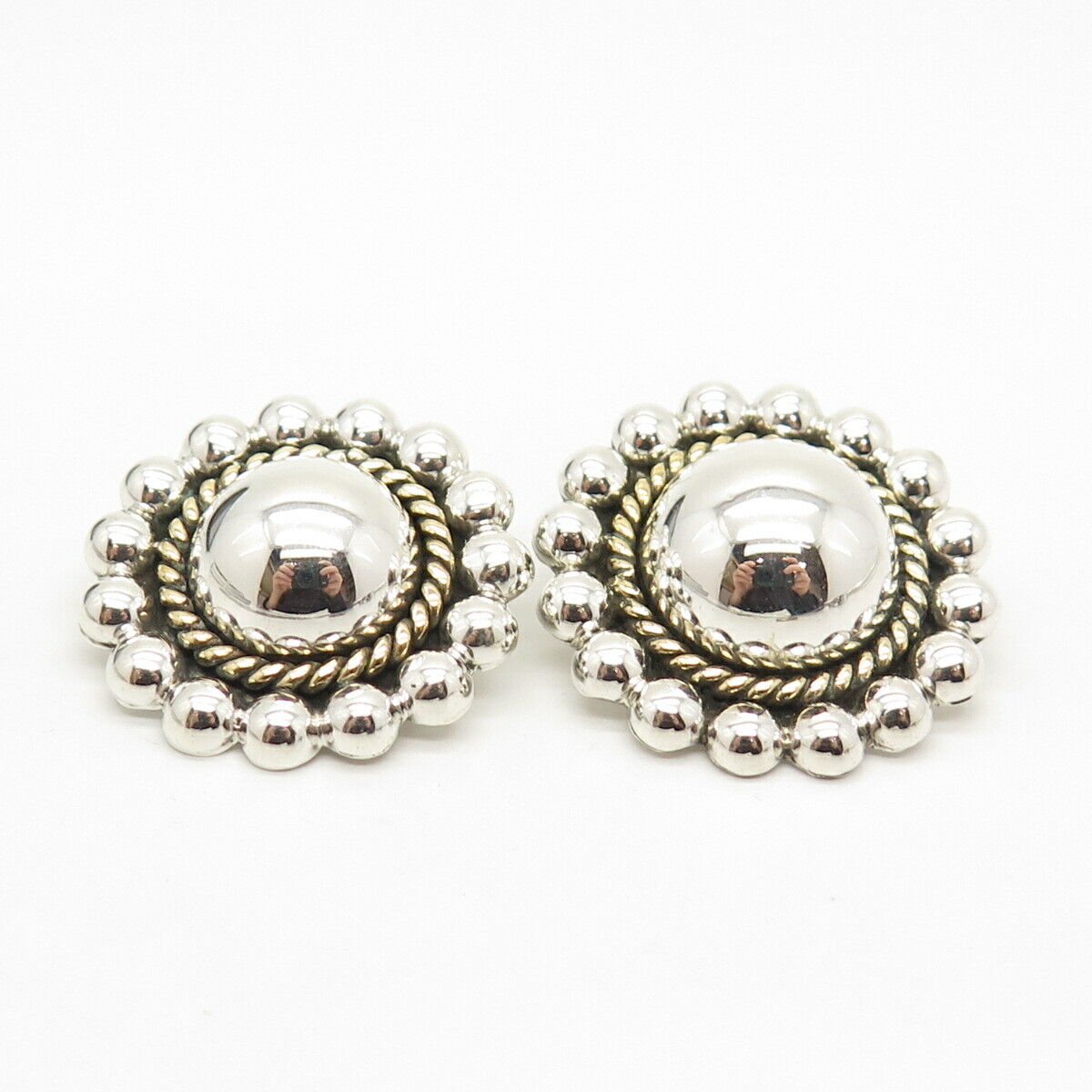 925 Sterling Silver 2-Tone Vintage Mexico Beaded / Twisted Clip On Earrings