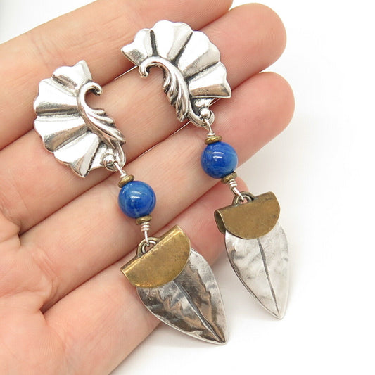 925 Sterling Silver 2-Tone Vintage Lapis Lazuli Gem Tribal Dangling Earrings