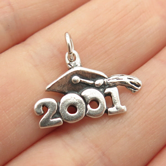 925 Sterling Silver Vintage 2001 Graduation Hat Design Pendant