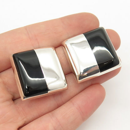 925 Sterling Silver Vintage Mexico Real Black Onyx Gem Clip On Earrings